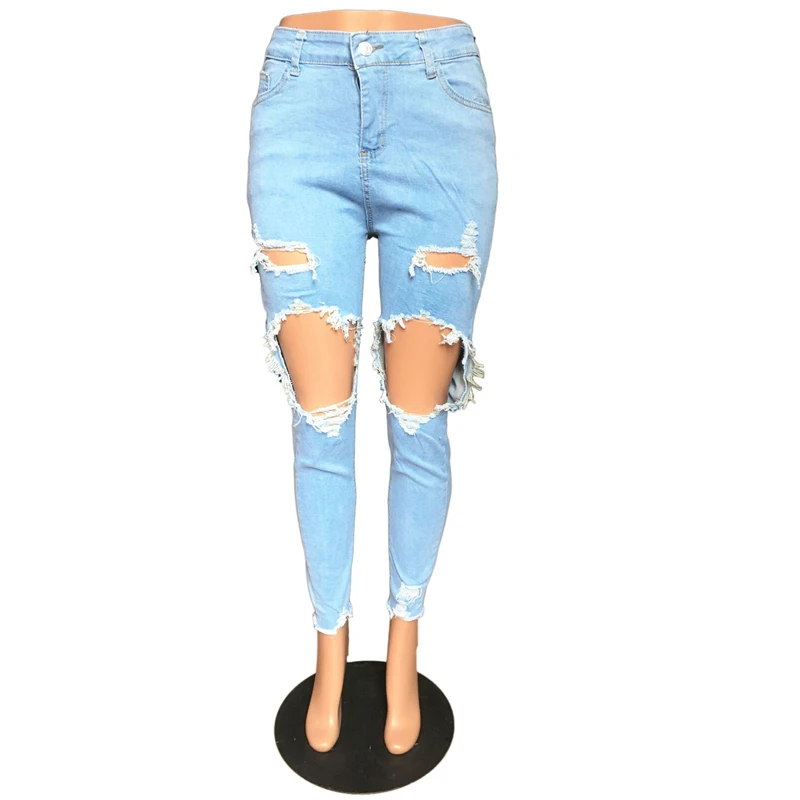 Sexy Ripped Light Blue Skin Fit Jeans for Women Oversized Plus Size 3XL Fashion Casual Cotton Denim Trousers Pantalones De Mujer