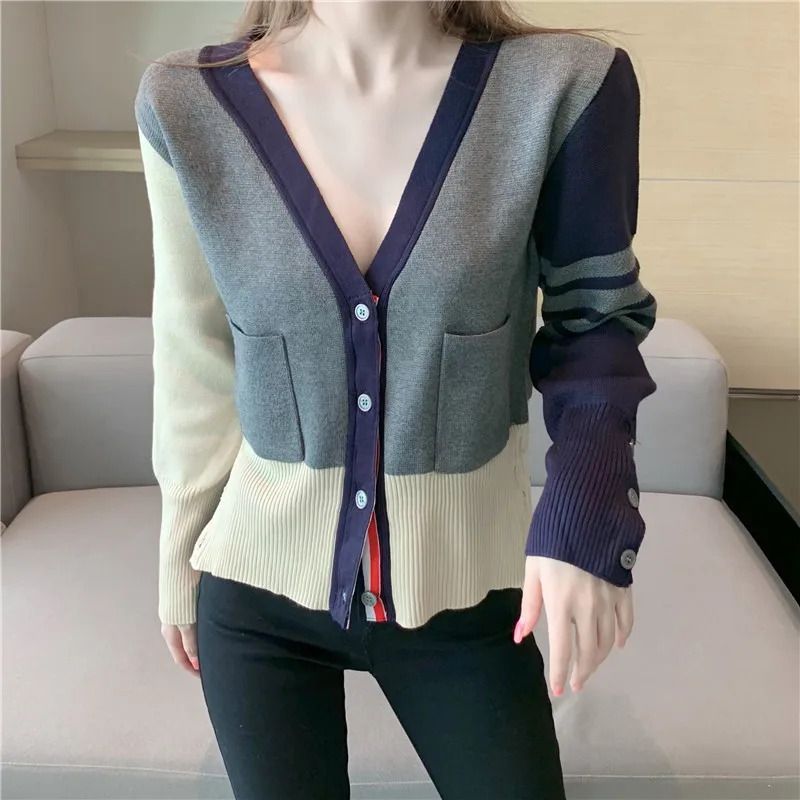 

New Brand Autumn Long Sleeve V-Neck Cardigan Crop Top Fashion Patchwork Striped Sweaters for Women YOU1376