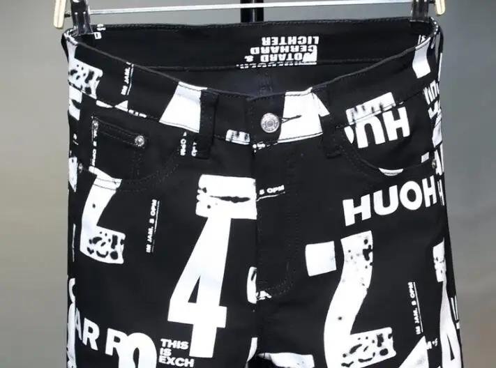 Digital printing pants men's jeans slim flower pants штаны мужские stretch feet black casual trousers new European