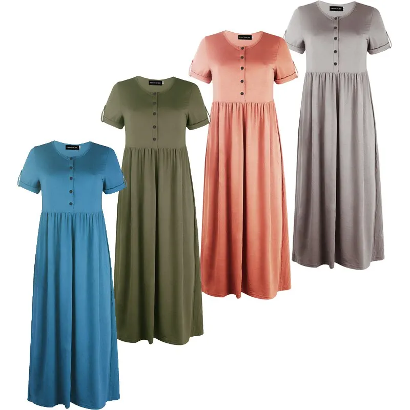 

2020 Summer New Women Long Dress Solid Color O Neck Short Sleeve Elegant Wrinkle Loose Casual Midi Length Button Dress Vestidos