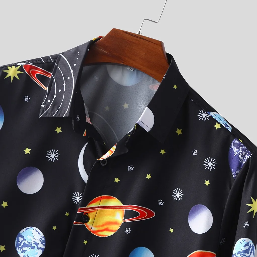 Мужская рубашка с отложным воротником и принтом Планеты длинными рукавами