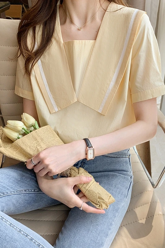 

COIGARSAM Preppy Style Short Sleeve blouse women New Cute Square Collar blusas womens tops and blouses Apricot 6052