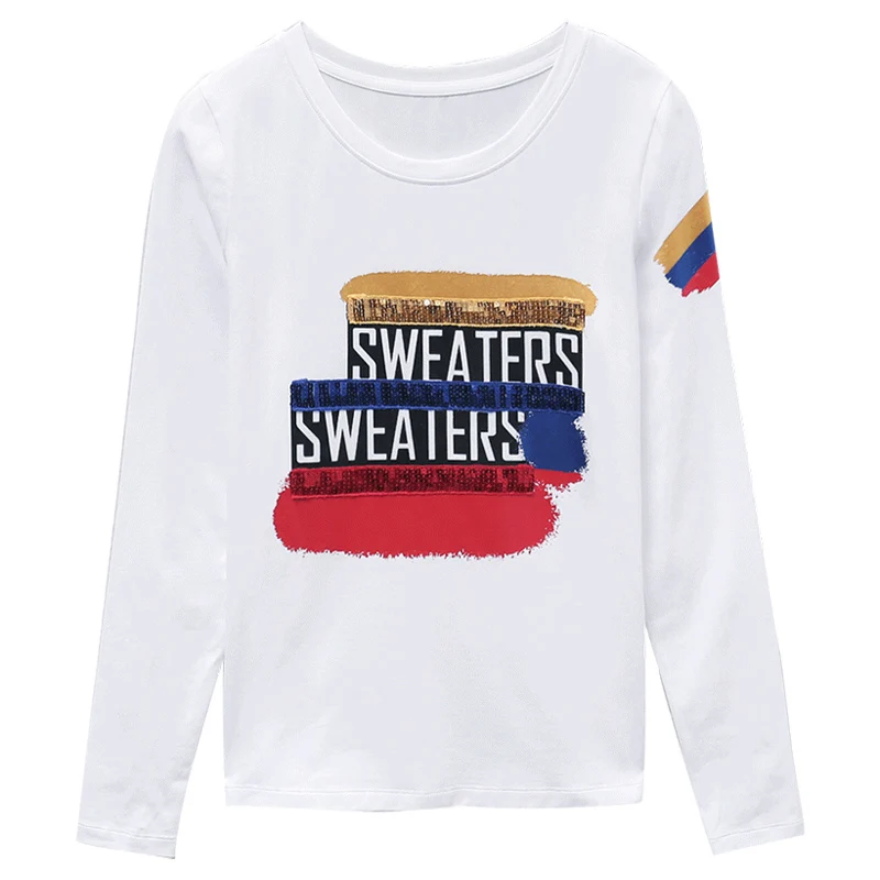 

Women T-shirt Long-Sleeve 2021 New Arrival Spring And Autumn Cotton Letter Female T-shirt Black White Korean Style c19