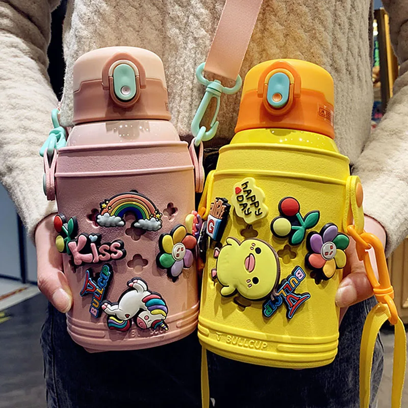 550 мл креативная нержавеющая стальная термосная бутылка с крышкой-соломинкой милый детский тумблер школьный термос с вакуумным флаконом воды с ремешком.