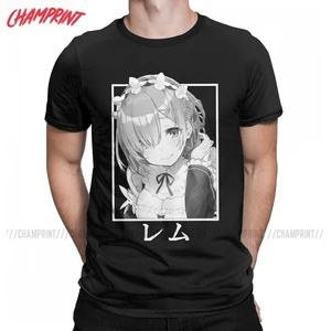 Rem ReZero T Shirts Men 100% Cotton Vintage T-Shirt O Neck Re Zero Anime Manga Tee Shirt Short Sleeve Clothes Gift Idea