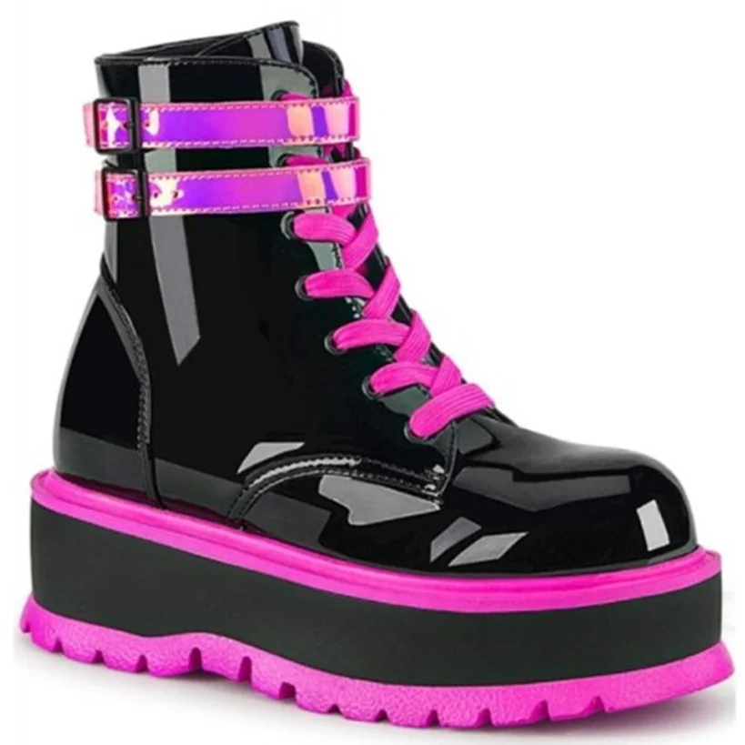 

2021 Brand Design New Goth Shoes Women Platform High Wedges Thick Bottom Punk Street Green Patent PU Trendy Boots Laides
