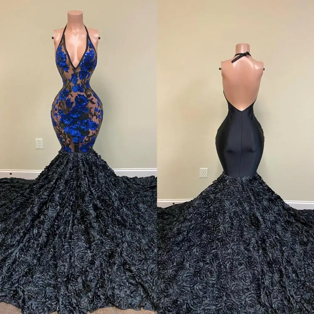 

Black Mermaid Prom Dresses With 3D Floral Appliqued Lace Ruffles Evening Dress 2020 African Halter Illusion Party Vestidos De