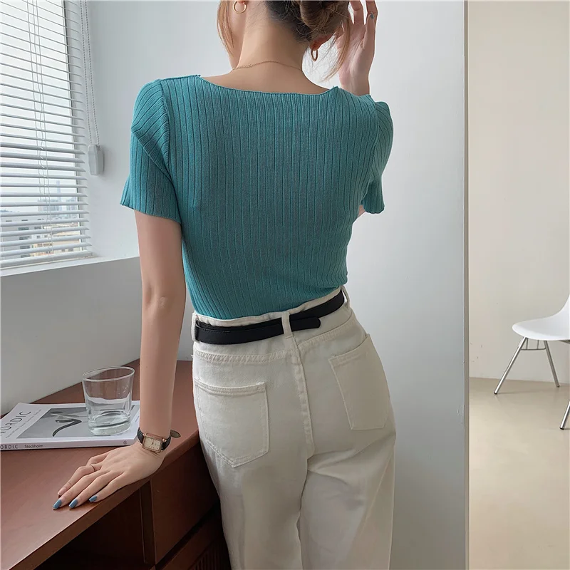 Шикарный квадратный воротник вязаный свитер для женщин модные футболки девочек