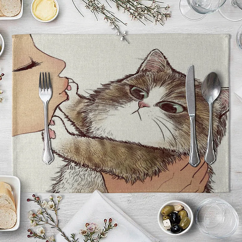

Cats Place Mats Cat Linen Table Mat Cute Cat Cartoon Animal Pattern Placemats for Children Kids Kitchen Dinning Place Mats Pads