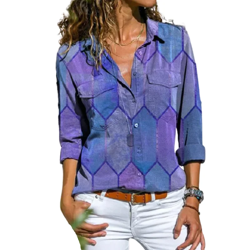 

Plus Size Vintage Geometric Print Long Sleeve Women Tops And Blouses 2021 New Spring Chest Pockets Shirts Office Lady Shirt