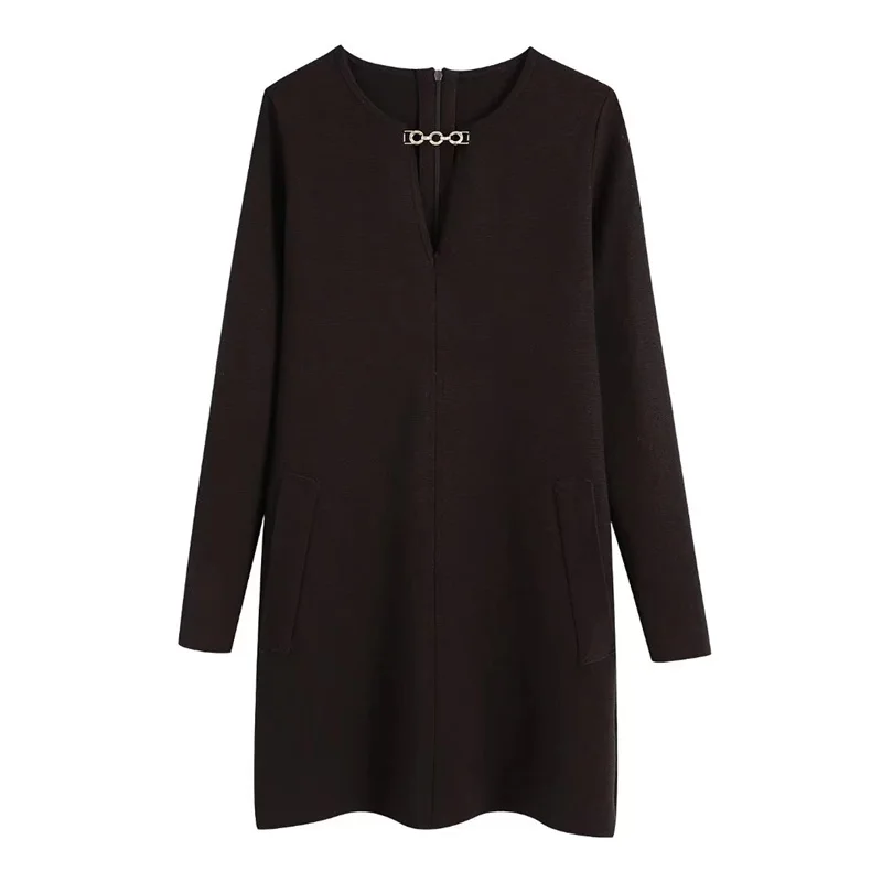 

Женское элегантное черное платье на молнии с длинным рукавом, осень 2021, модные женские мини-платья с V-образным вырезом, женские повседневны...