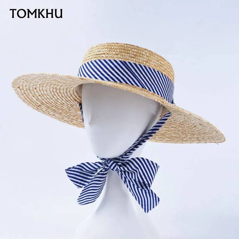 

New Women's Summer Hat Cap Female Flat Top Wide Brim Hat Striped Ribbon Decoration Wheat Straw Hat Beach Sun Hat Bonnet Enfant