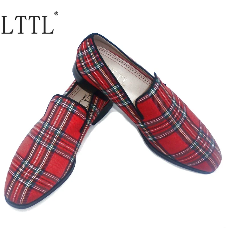 LTTL New Fashion British Style Cotton Fabric Plaid Loafers Men Dress Shoes Square Toe Slip On Casual Men's Smoking | Обувь