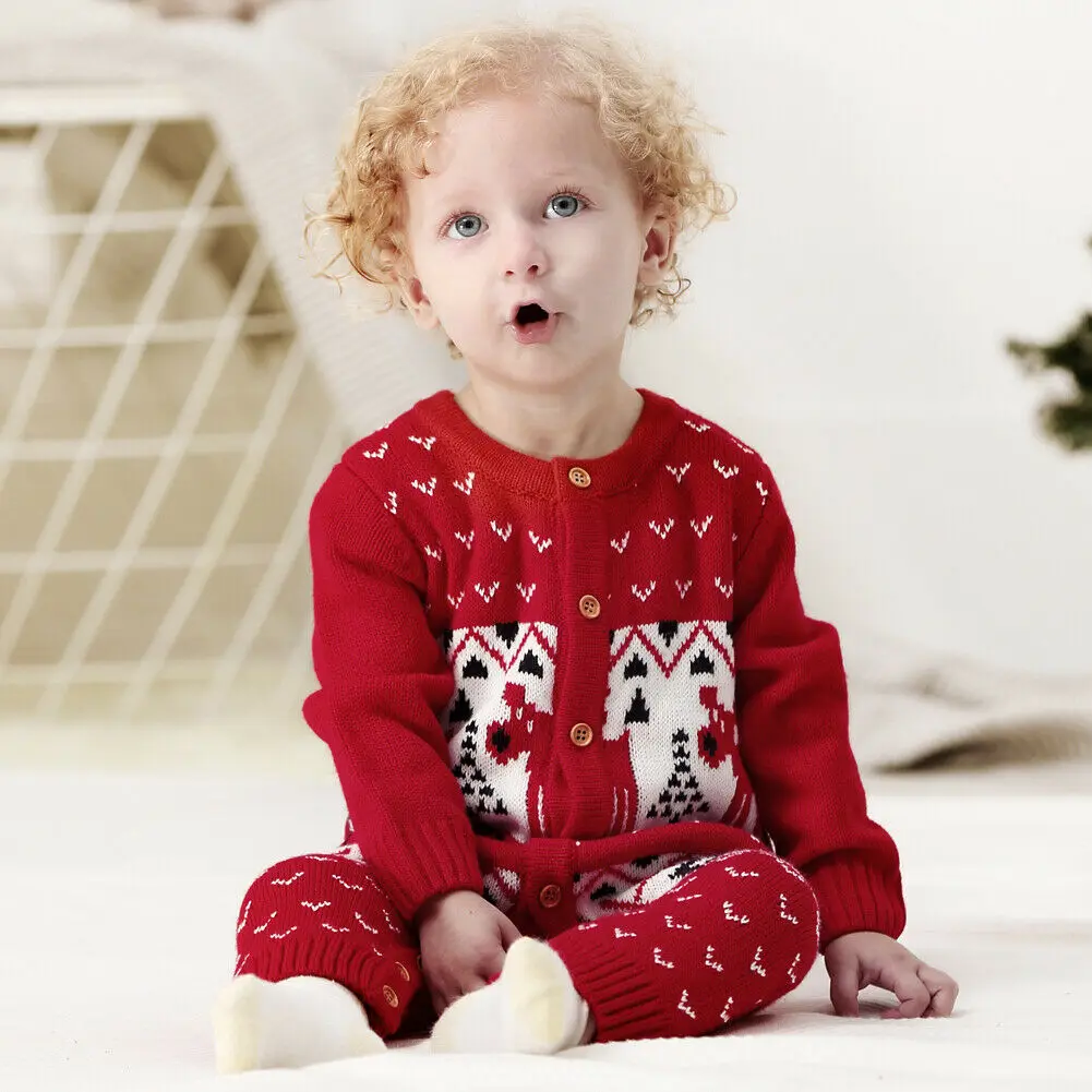Вязаные рождественские Кнопка Тип зимний комбинезон для новорожденного малыша