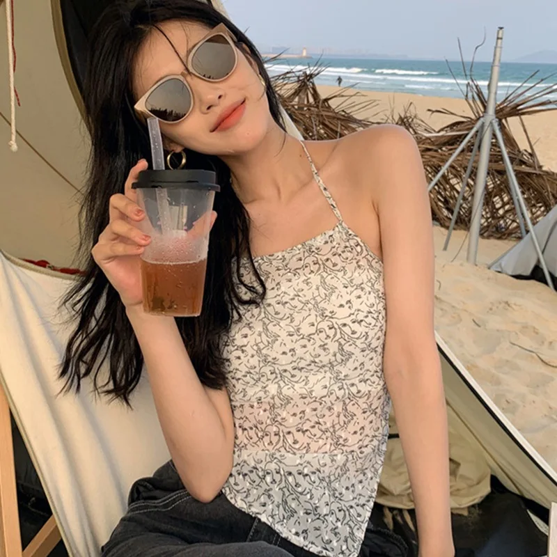 

Printing Strap Vest Design Inlay Wearing Chiffon Hanging Neck With Wrap Wrapped Chest Tank Top .