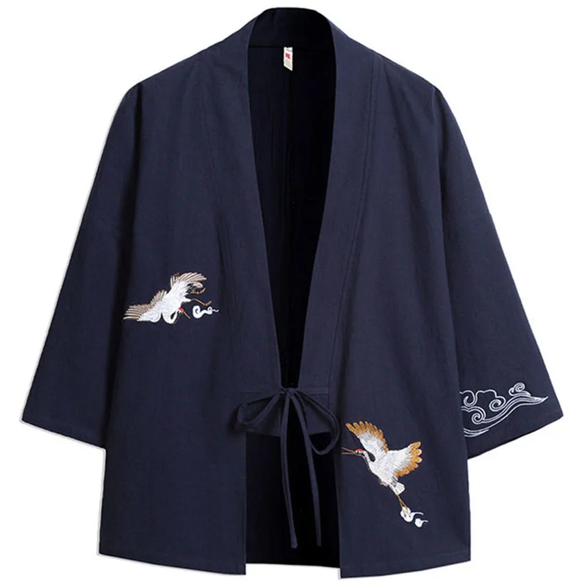 

Man Kimono Cardigan Japanese Style New Men Samurai Haori Clothing Crane Embroidery Traditional Vintage Yukata Male Asian Clothes