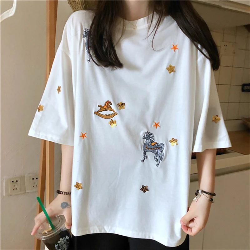 Женская футболка с короткими рукавами Shellsuning Повседневная из 100% хлопка вышивкой