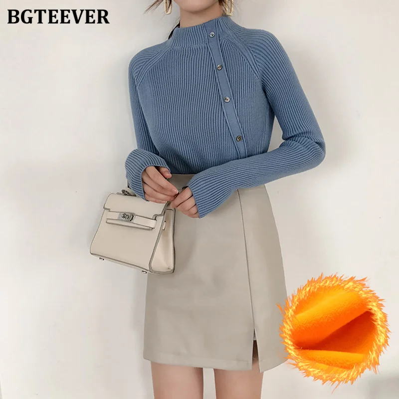 BGTEEVER 2020 New Autumn Winter Thick Velvet Half Turtleneck Female Knitting Jumpers Striped Warm Fleece Women Pullover Sweater | Водолазки