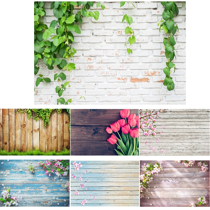 Фон для фотосъемки с зелеными растениями цветами кирпичной текстурой тканевая