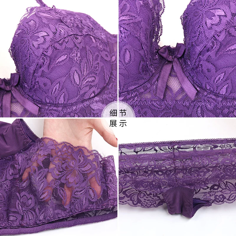 Женский кружевной хлопковый бюстгальтер с глубоким v-образным вырезом, нижнее белье с цветочным рисунком, костюм, пуш-ап, комплекты бюстгальтеров, нижнее белье, бюстгальтеры и трусики, Женские однотонные кружевные короткие комплекты фиолетового цвета