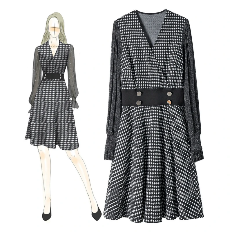 

High Quality Print Houndstooth Corset Winter Dress Women Long Sleeve Patchwork Black Women Dress Elegant Vestidos Largos Verano