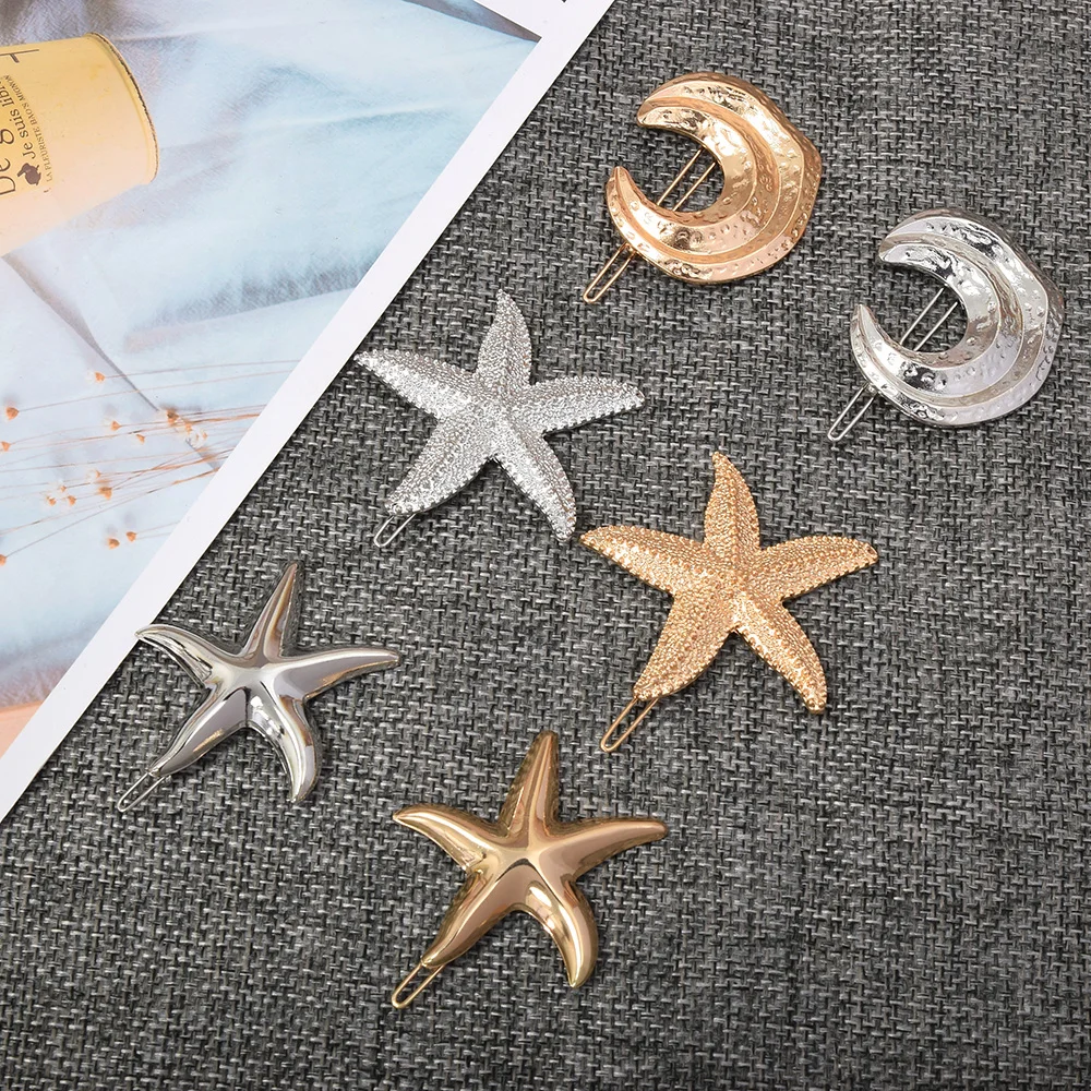 

Summer Hot Fashion Alloy Gold /silver Color Moon Starfish Shape Hairpins Female Hair Clip Barrette Hair Styling Accessories
