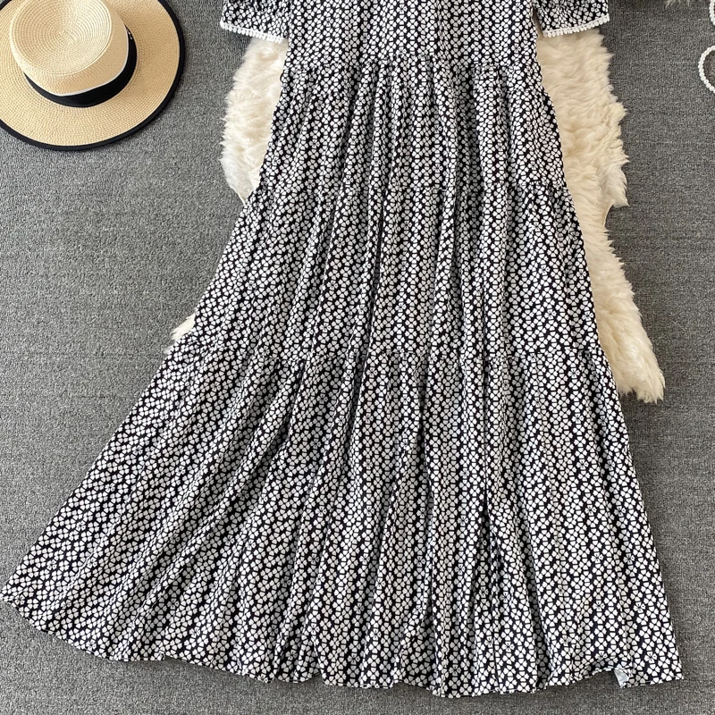 

Summer western style striped V-neck lace design loose puff sleeve large swing dress women