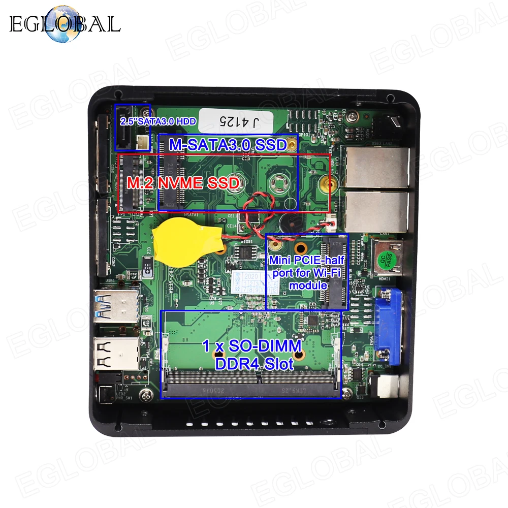 Процессор Eglobal Fanless мини ПК Intel Celeron J4125 2LAN 2COM HD VGA карманный компьютер Windows 10 HTPC