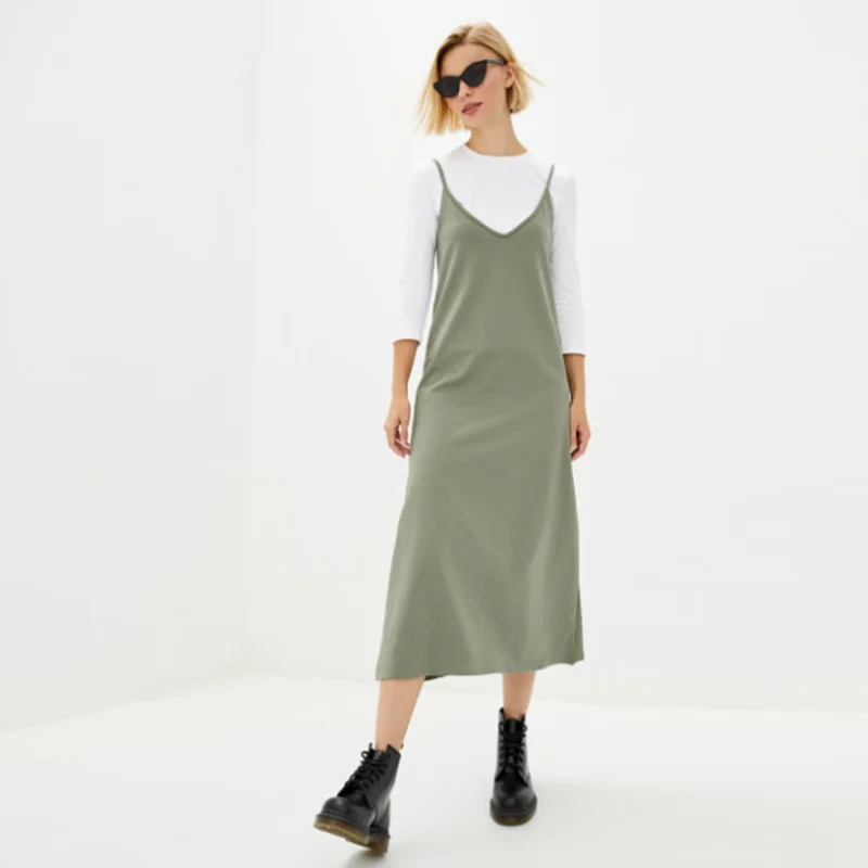 

Ladies Summer Casual Spaghetti Strap Dress V-neck Sleeveless Backless Style Solid Color Pullover Long Dress 2021 New Fashion