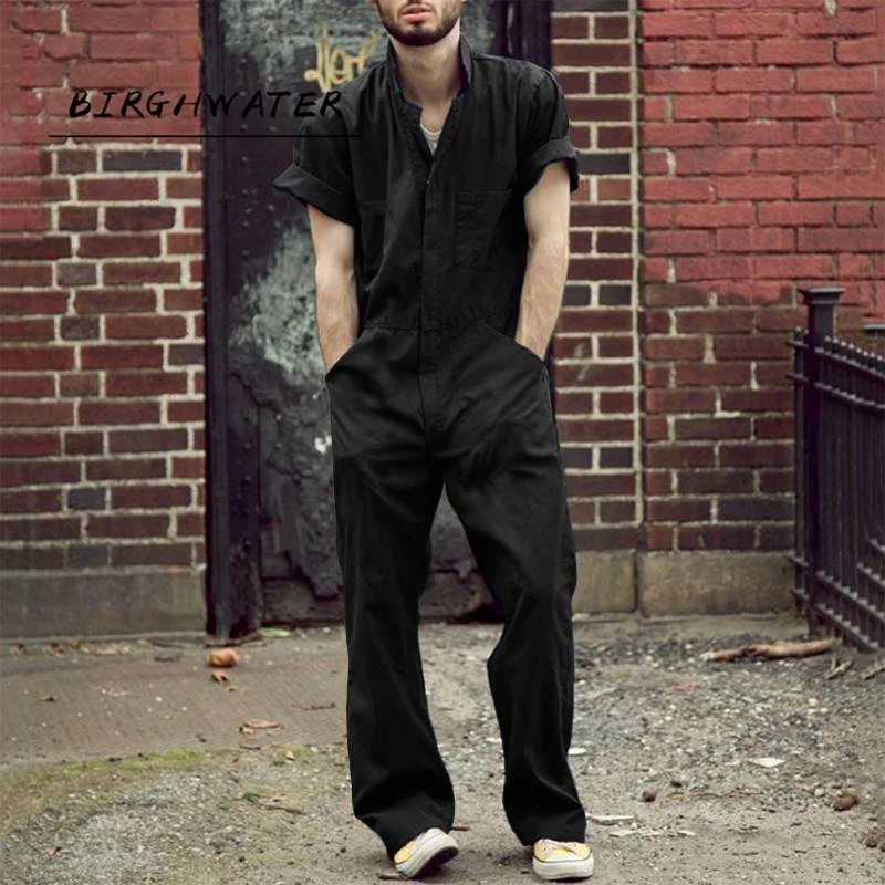 

Short Sleeve Hip Hop Solid Color Fashion 2020 Men's Wide Leg Loose Siamese Trousers Pocket Street Workwear Men Jumpsuit