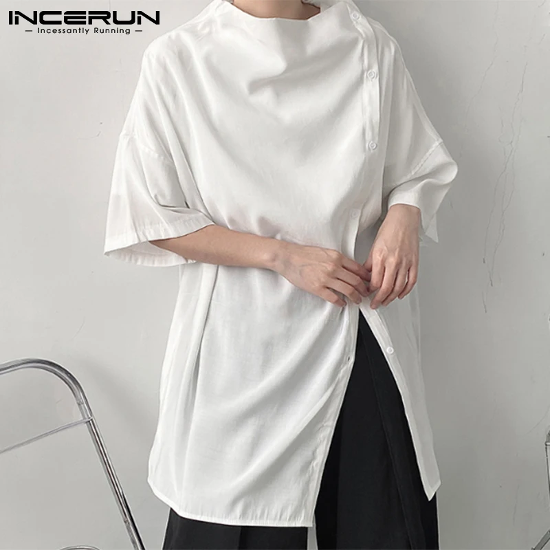 

INCERUN 2023 Men Casual Shirt Solid Color Turtleneck Half Sleeve Button Streetwear Camisas Fashion Irregular Shirts Men S-5XL