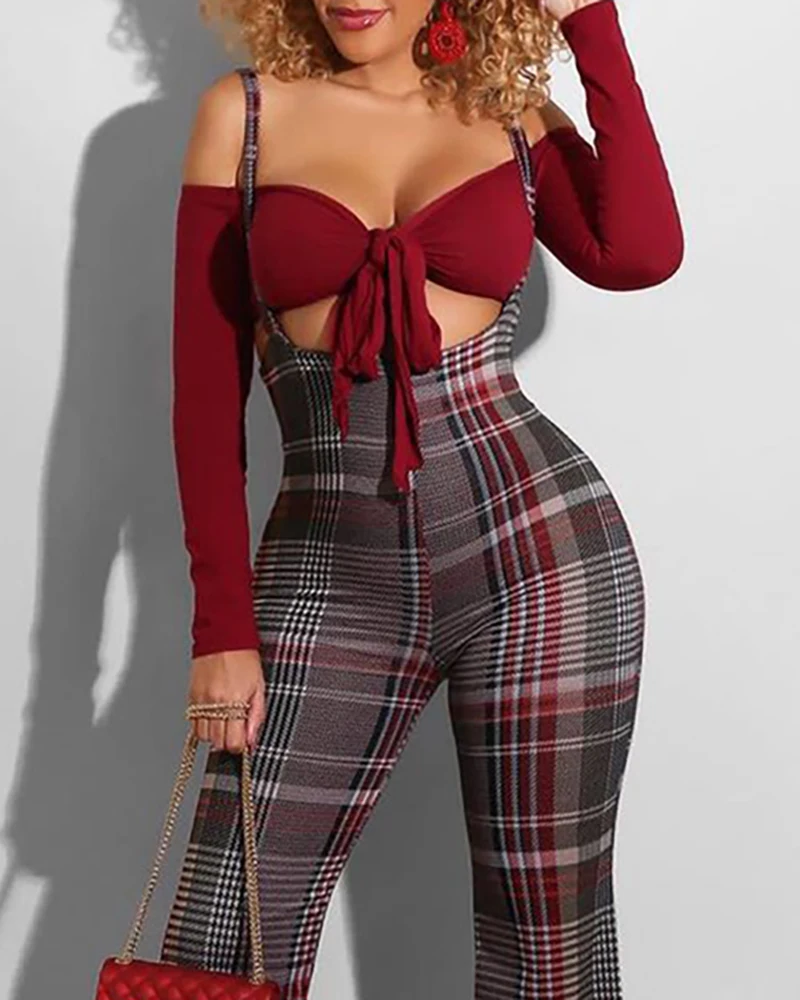 2021 Women Fashion Elegant Casual Plaid Colorblock Suspender Pants Spaghetti Strap Sexy Spring Autumn