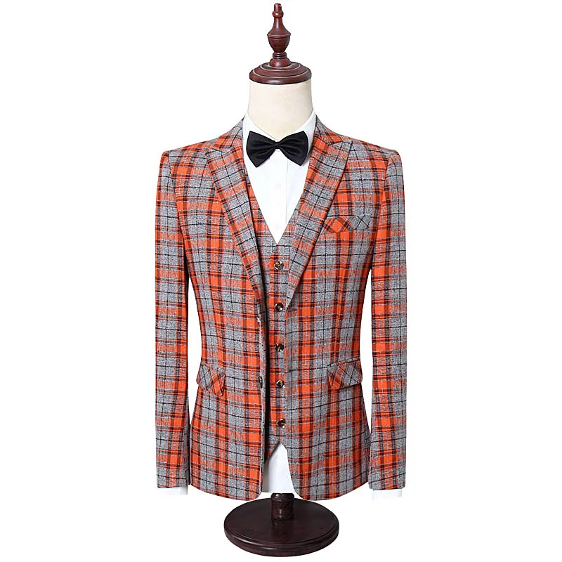 Beste (Jassen + Vest + Broek) 2020 Mannen Bruidegom Trouwjurk Mannelijke Plaid Formele Pakken Set Mannen Mode Toevallige Pak Drie-Stuk