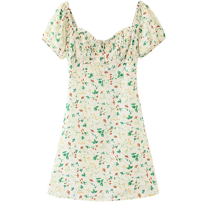 

French Minority Retro Independent Design Crumpled Printed Butterfly Decorative Waist Dress Square Collar Vacation Style Skirt