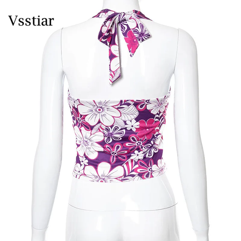

Vsstiar Floral Print Women Tank Top Clubwear Summer Backless V Neck Sexy Crop Tops New Fashion Halter Party Vest Femme