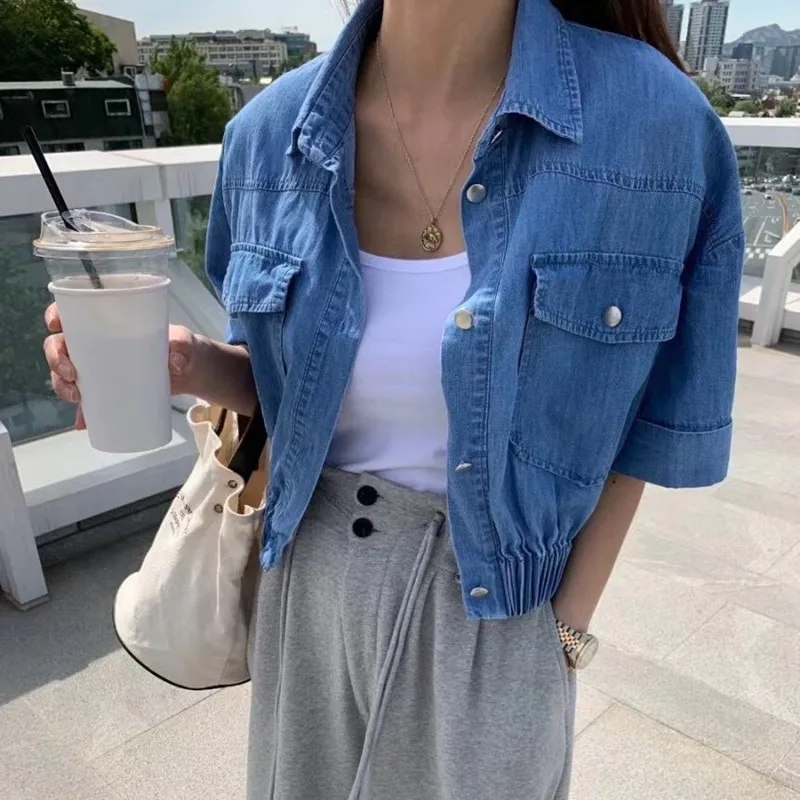 

2021 Summer New Casual Korean Style Fashion Denim Blue Jacket Top Women Short Sexy Turn-down Collar Jacket