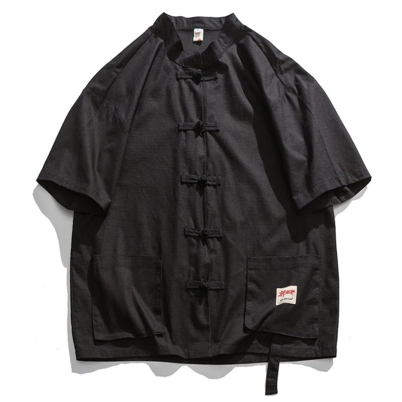 

MRDONOO Summer Shirt Chinese Style Men's Loose Stand Collar Short Sleeve Shirt Cardigan Buckle M-5XL Plus size Dropshipping