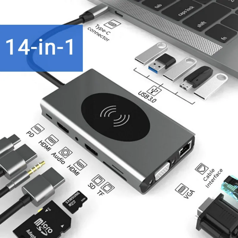 

Basix 14 In 1 USB-C Hub Docking Station Adapter USB 3.0 Wireless Charge Dual HDMI-compatible VGA 3.5mm Audio RJ45 for Macbookpro