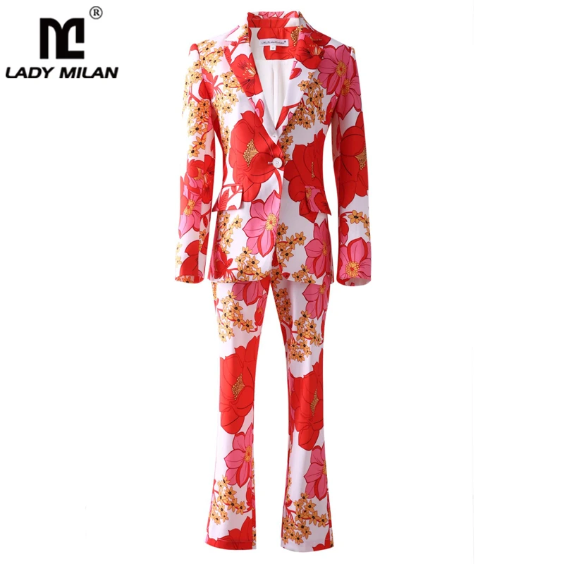 

Women's Runway Two Pice Pants Notched Collar Long Sleeves Printed Blazers with Pant Twinset Sets