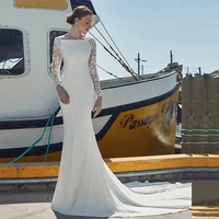 mermaid wedding dresses simple long lace appliques sleeves o neck button backless satin bridal gowns court train 2021 custom
