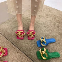 2021 womens slippers summer new fashion metal chain flat bottom sandals plus size casual outdoor shoes female beach slippers