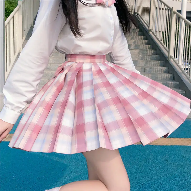 

Women Pink White Gothic Pleated Plaid Skirt Korean High Waist Mini Sexy Skirts School Glir Harajuku Cosplay Anime Sailor Suit