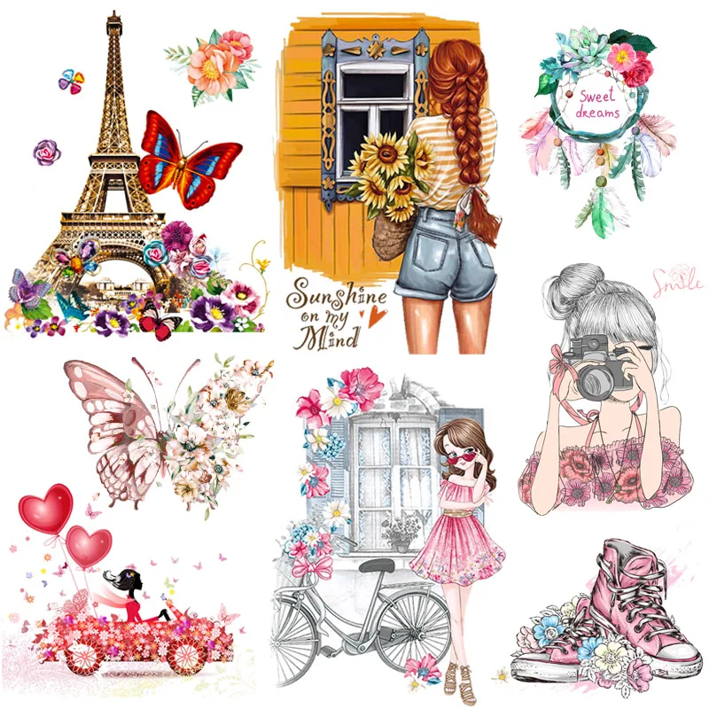 

Prajna Cartoon Girl Applique Iron-On Transfers For Clothing Stickers Fashion Butterfly Thermal Heat Transfer For Kids Clothes