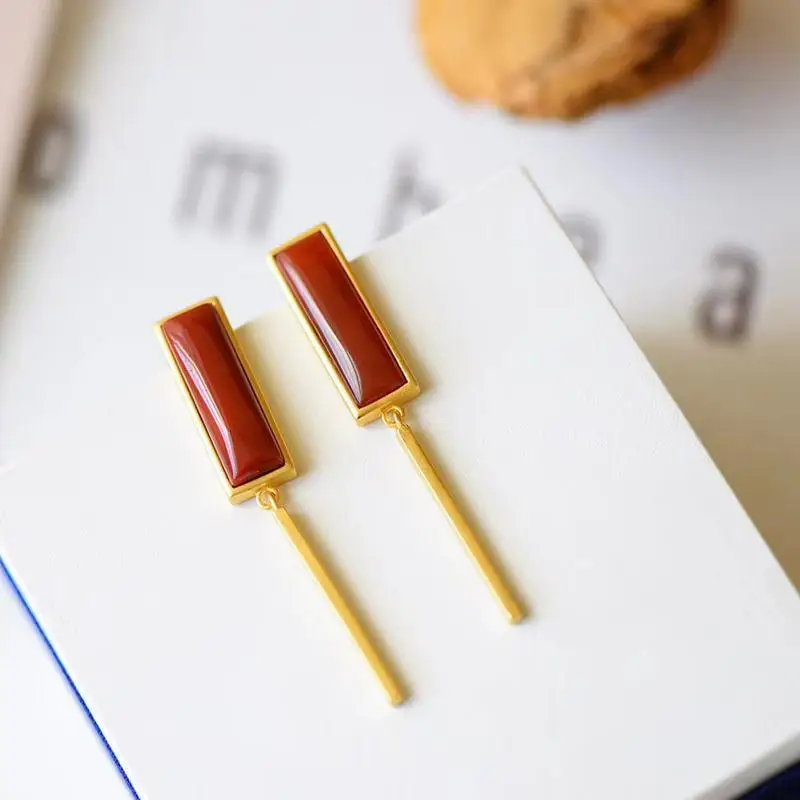 

Natural New Style Southern Red Agate Silver Stud Earrings Geometric Figure New Earrings Eardrops Classic Elegant All-Match Gift