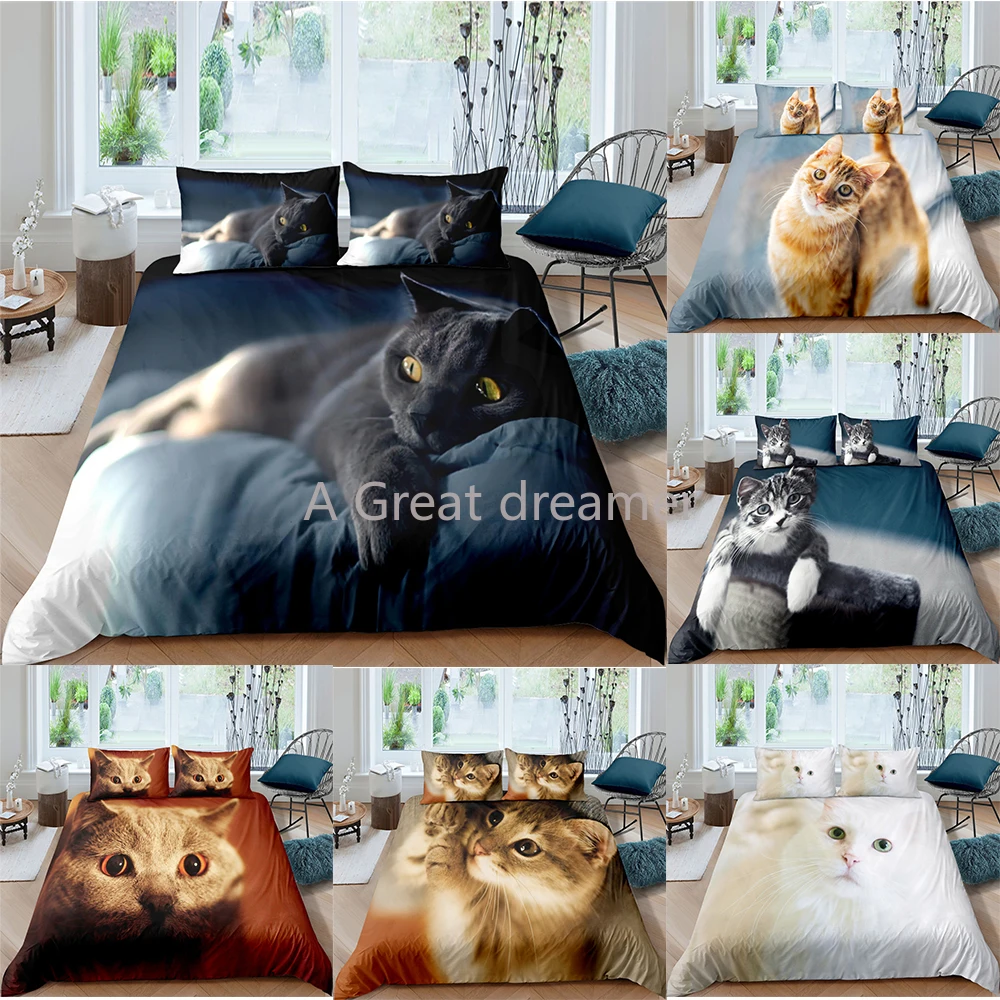 

3D Printed Cartoon Animal Cat Bedding Set Adult Kids Duvet Cover Set 2/3pcs Cute Bed Linen For Kid Gift Single Double King Size