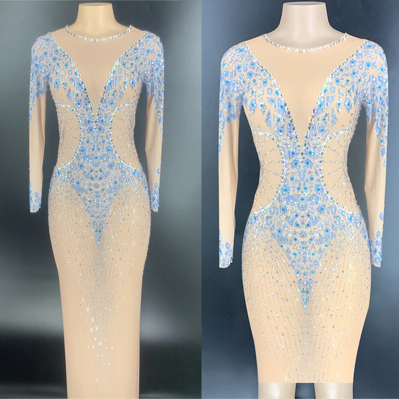 

Silver Blue Rhinestones Transparent Long Dress Bar Birthday Outfit Nightclub Party Costume Women Dancer Show Dress DT2231