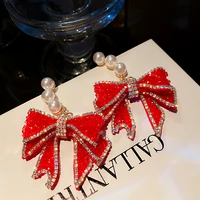 2022 korean style red bowknot dangle earrings for women three pearl rhinestone earrings weddings party jewelry accessories