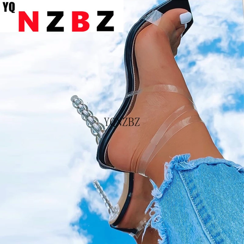 

YQNZBZ Transparent Bead High Thin Heel Summer Buckle Strap Sandals Beach Shoes Designer Women Solid Slingbacks Party Sandals