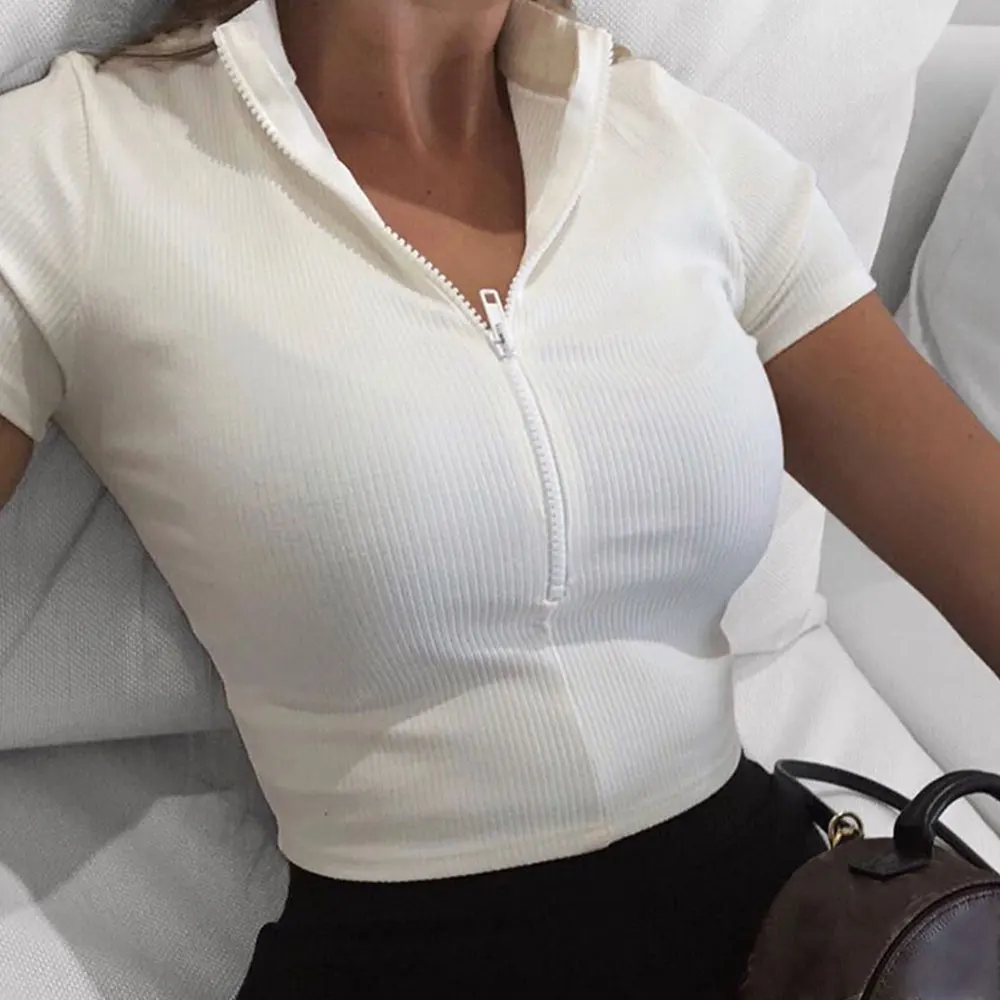Женская мода футболки дамы стоячий воротник молния полосатый короткий