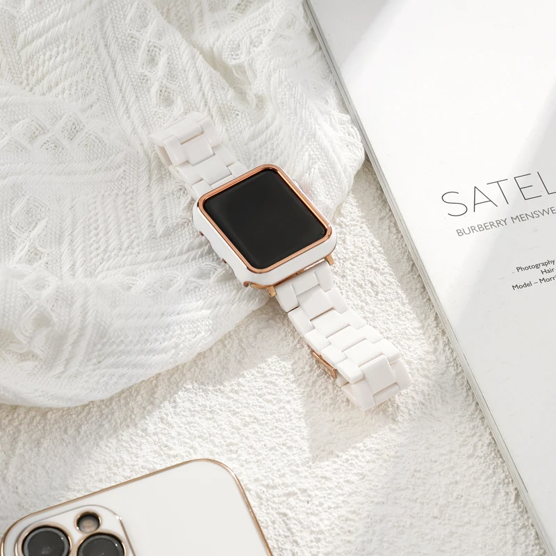 Resin strap + Tempered Glass Case for Apple Watch band 44mm 42mm 40mm 38mm correa Loop Watchband for iwatch 7 6 se series 5 4 3